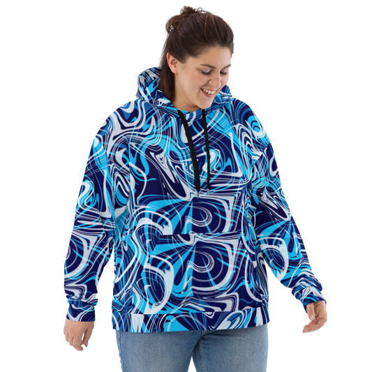 A woman wearing a plus-size bright blue, teal, white, and navy abstract swirl patterned hoodie with black drawstrings. The hoodie has a relaxed fit and features bold, fluid lines in an artistic, modern design. She is smiling and looking down, showcasing the front of the hoodie against a neutral background.