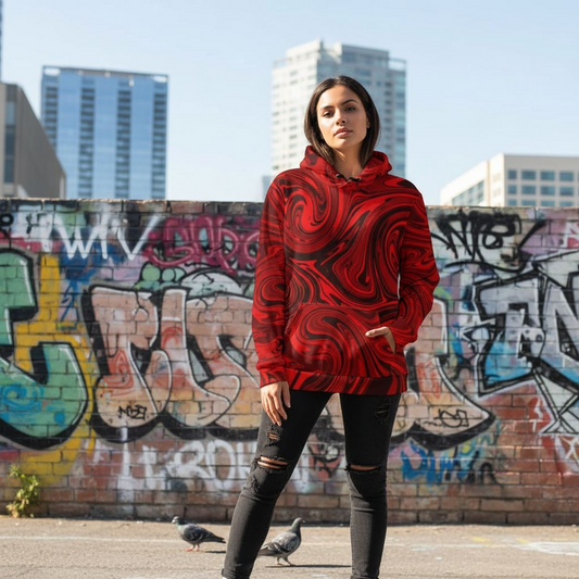 Wearable Art:  Red Swirl Abstract Unisex Hoodie – Wearable Art by Kiva Rakosi | Primary Colors Collection | Eco-Friendly Relaxed Fit