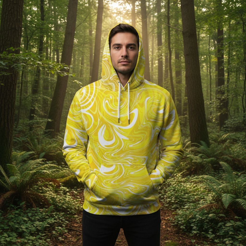 Wearable Art: Yellow Swirl Abstract Unisex Hoodie – Wearable Art by Kiva Rakosi | Primary Colors Collection | Eco-Friendly Relaxed Fit