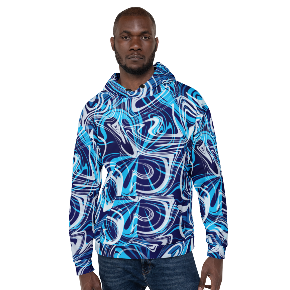 A man wearing a vibrant blue, white, and navy abstract swirl patterned hoodie.  The design features bold fluid lines and curves that create a modern, artistic look. The hoodie has a relaxed fit with a front pocket and ribbed cuffs, paired with dark jeans against a neutral background.