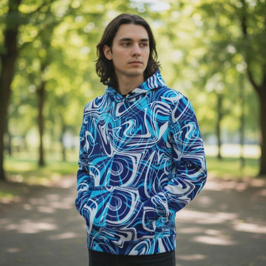 Wearable Art:  Blue Swirl Abstract Unisex Hoodie – Wearable Art by Kiva Rakosi | Primary Colors Collection | Eco-Friendly Relaxed Fit