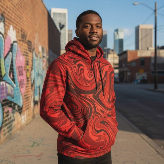 Wearable Art:  Red Swirl Abstract Unisex Hoodie – Wearable Art by Kiva Rakosi | Primary Colors Collection | Eco-Friendly Relaxed Fit