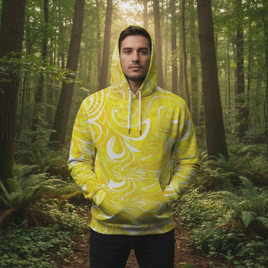 Wearable Art: Yellow Swirl Abstract Unisex Hoodie – Wearable Art by Kiva Rakosi | Primary Colors Collection | Eco-Friendly Relaxed Fit