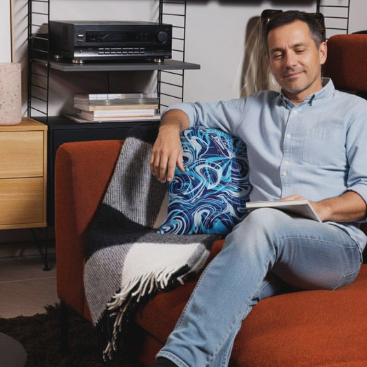 Art for the Home: Vibrant Blue Abstract Throw Pillow by Kiva Rakosi – Primary Colors Collection